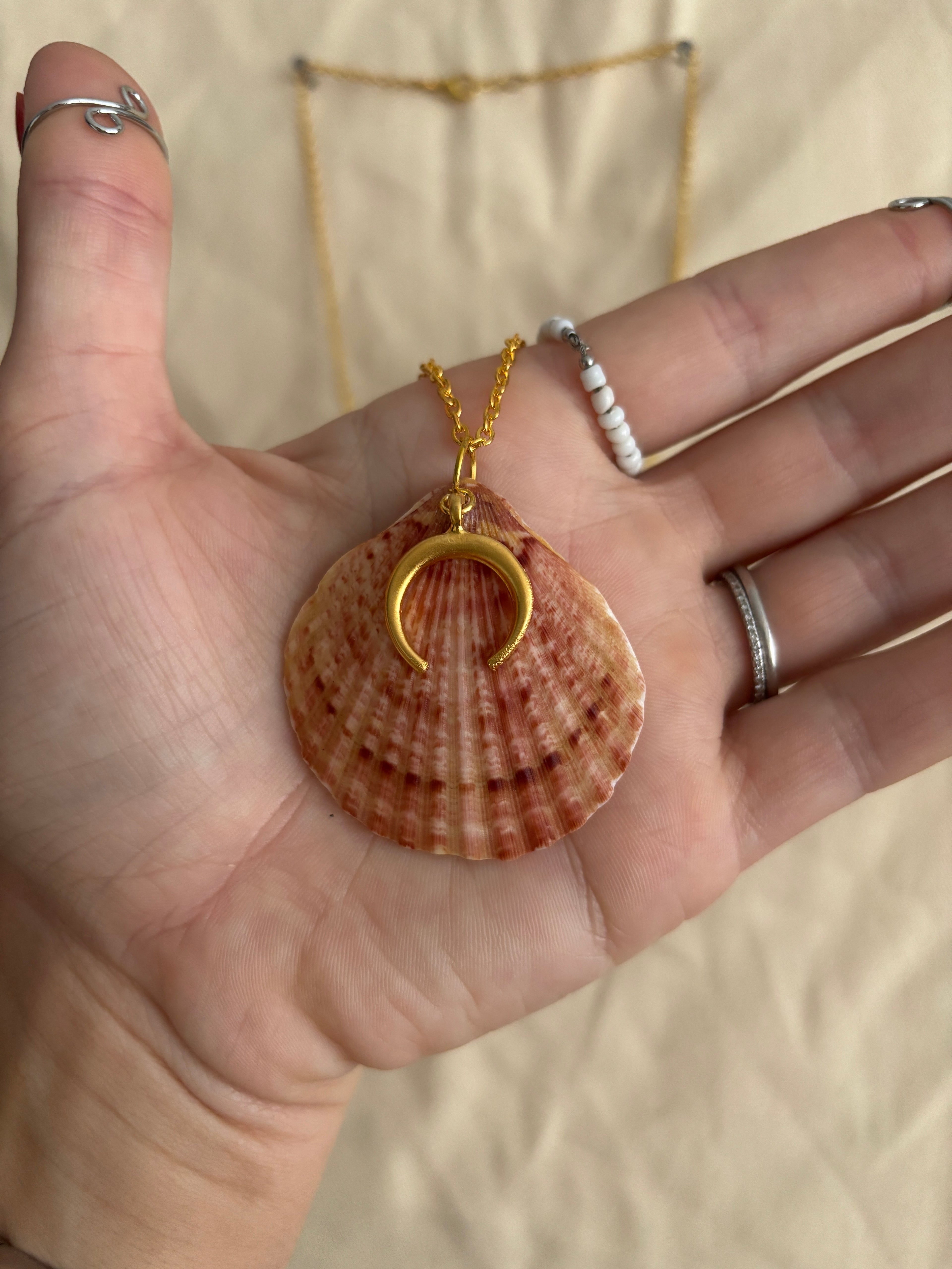 Shell pendant with gold chain held in hand against a neutral background
