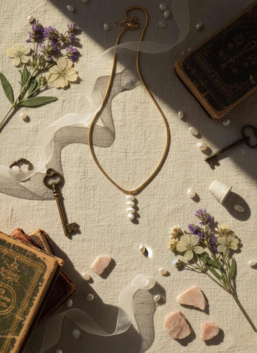 Necklace with pearls on a textured surface with flowers and keys